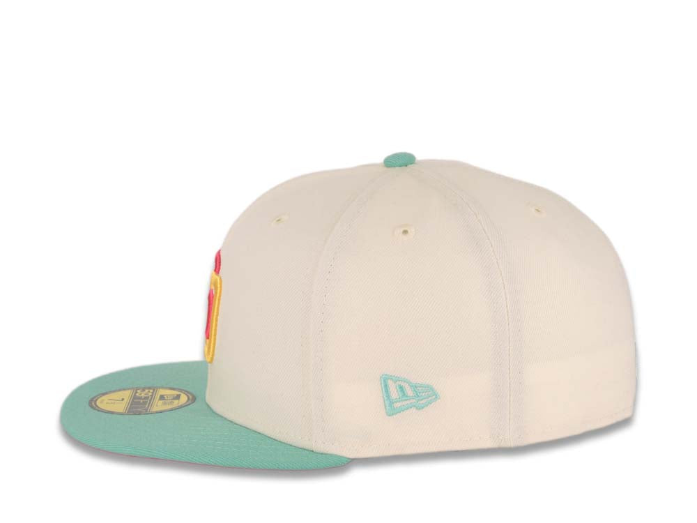 (City Connect Color) San Diego Padres New Era MLB 59FIFTY 5950 Fitted Cap Hat Cream Crown Teal Visor Magenta/Yellow Logo 1992 All-Star Game Side Patch