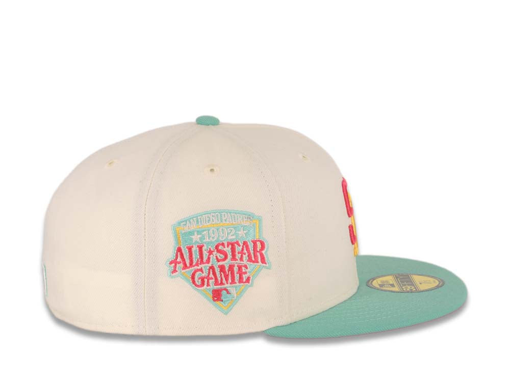 (City Connect Color) San Diego Padres New Era MLB 59FIFTY 5950 Fitted Cap Hat Cream Crown Teal Visor Magenta/Yellow Logo 1992 All-Star Game Side Patch