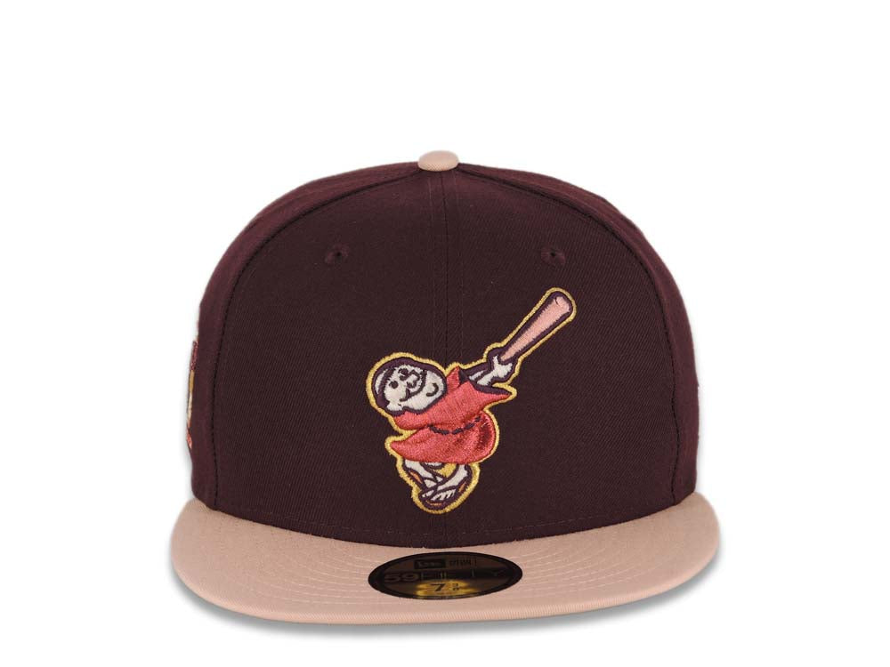 San Diego Padres New Era MLB 59FIFTY 5950 Fitted Cap Hat Maroon Crown Light Peach Visor Metallic Red Swinging Friar Logo 25th Anniversary Side Patch