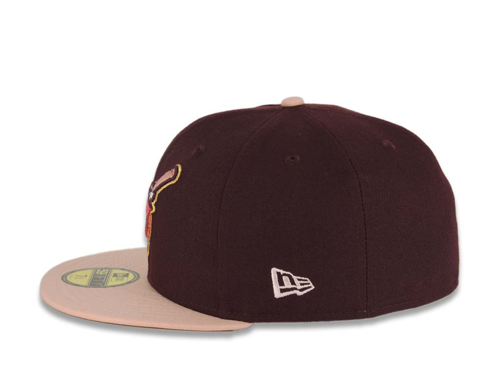 San Diego Padres New Era MLB 59FIFTY 5950 Fitted Cap Hat Maroon Crown Light Peach Visor Metallic Red Swinging Friar Logo 25th Anniversary Side Patch