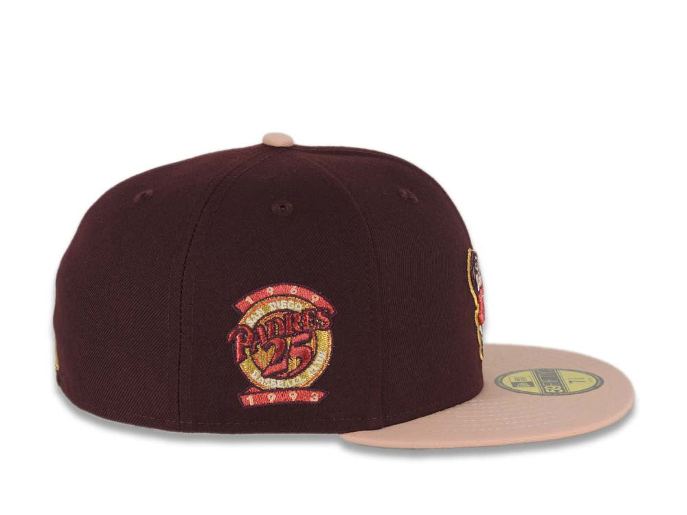 San Diego Padres New Era MLB 59FIFTY 5950 Fitted Cap Hat Maroon Crown Light Peach Visor Metallic Red Swinging Friar Logo 25th Anniversary Side Patch