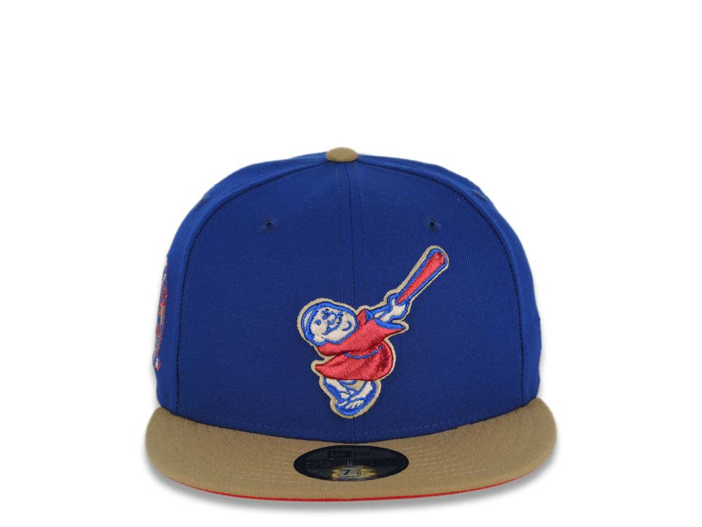 San Diego Padres New Era MLB 59FIFTY 5950 Fitted Cap Hat Light Royal Crown Khaki Visor Metallic Red Swinging Friar Logo 25th Anniversary Side Patch