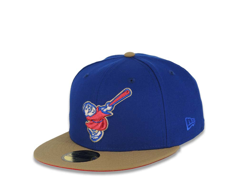 San Diego Padres New Era MLB 59FIFTY 5950 Fitted Cap Hat Light Royal Crown Khaki Visor Metallic Red Swinging Friar Logo 25th Anniversary Side Patch