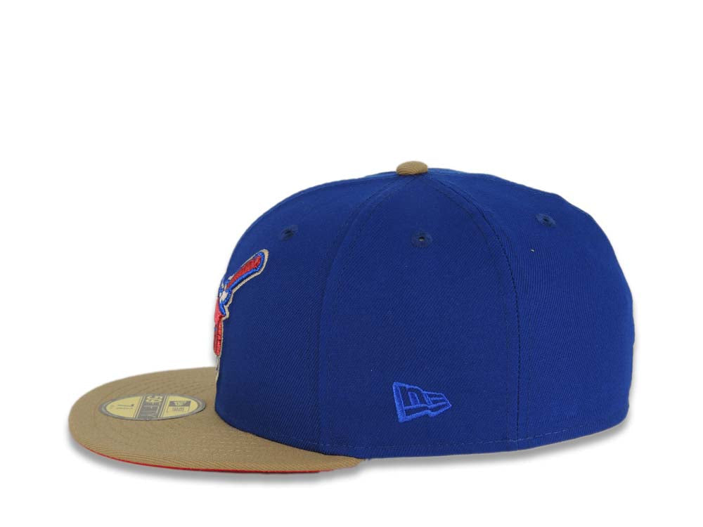 San Diego Padres New Era MLB 59FIFTY 5950 Fitted Cap Hat Light Royal Crown Khaki Visor Metallic Red Swinging Friar Logo 25th Anniversary Side Patch