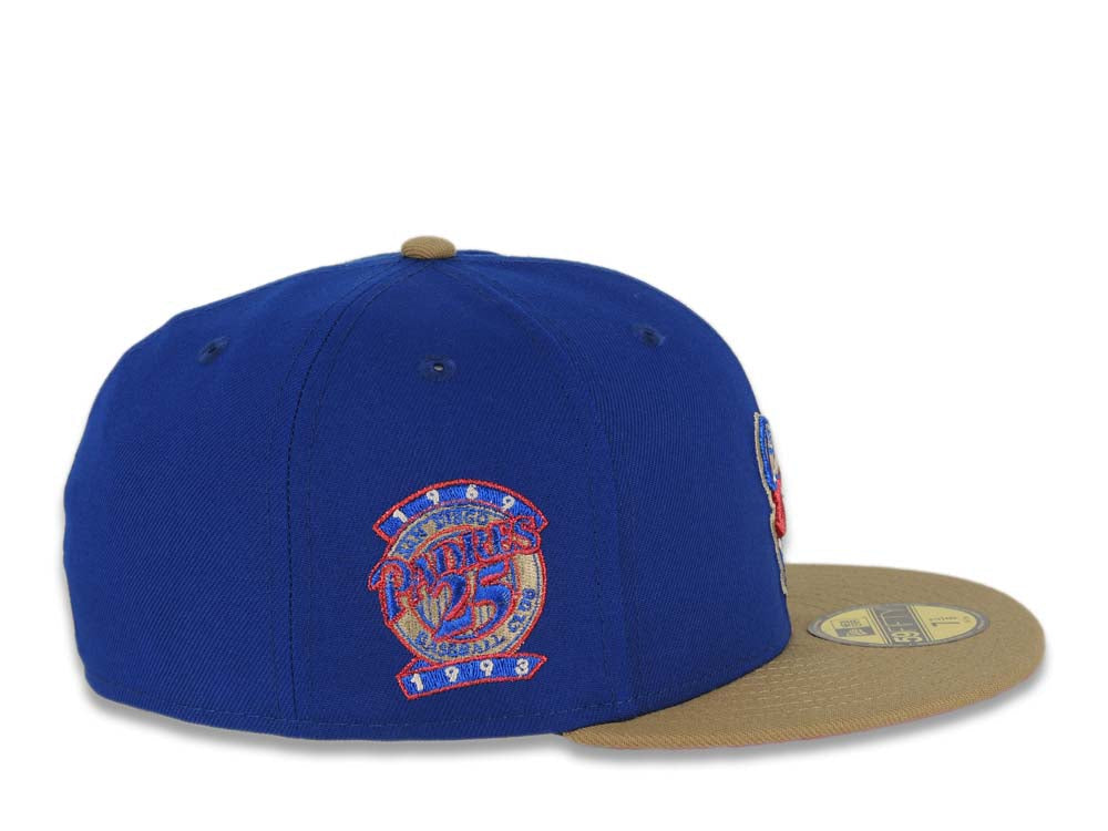 San Diego Padres New Era MLB 59FIFTY 5950 Fitted Cap Hat Light Royal Crown Khaki Visor Metallic Red Swinging Friar Logo 25th Anniversary Side Patch
