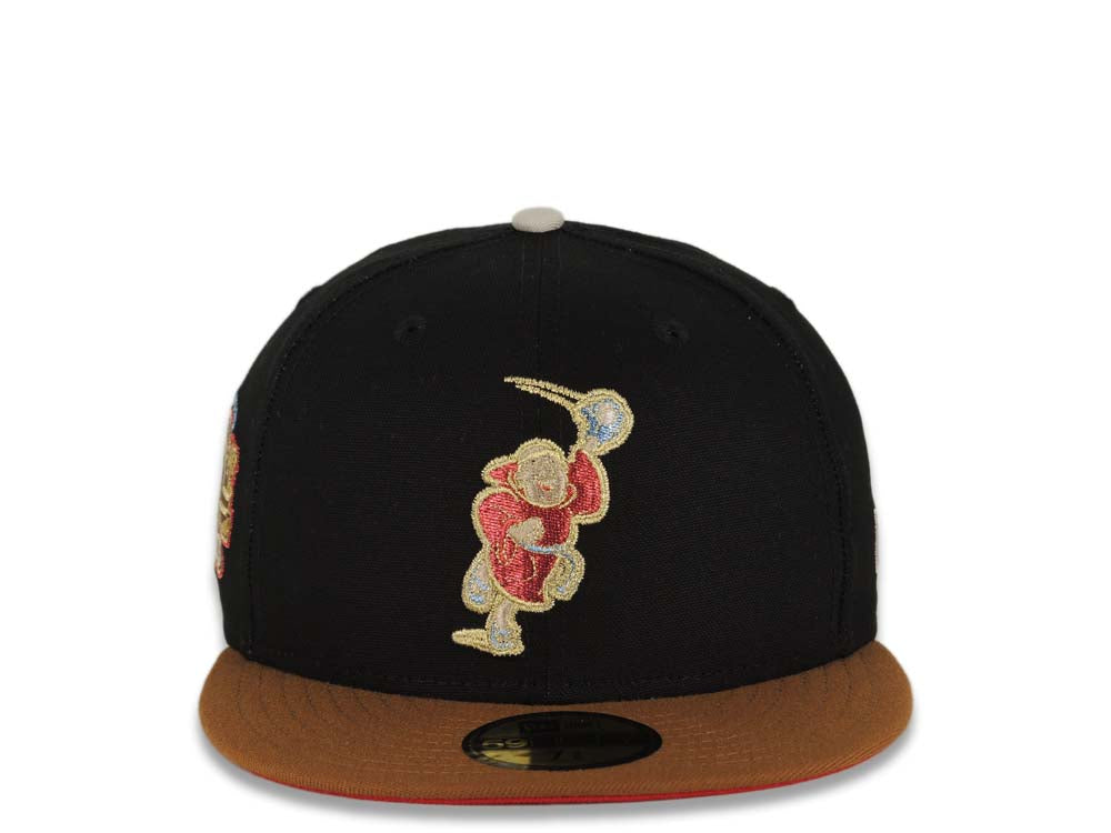 (Exclusive) San Diego Padres New Era MLB 59FIFTY 5950 Fitted Cap Hat Cotton Black Crown Tan Visor Metallic Red Catching Friar Logo Stadium Side Patch