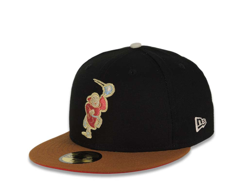 (Exclusive) San Diego Padres New Era MLB 59FIFTY 5950 Fitted Cap Hat Cotton Black Crown Tan Visor Metallic Red Catching Friar Logo Stadium Side Patch