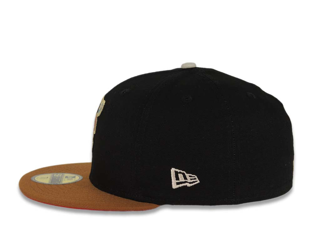 (Exclusive) San Diego Padres New Era MLB 59FIFTY 5950 Fitted Cap Hat Cotton Black Crown Tan Visor Metallic Red Catching Friar Logo Stadium Side Patch