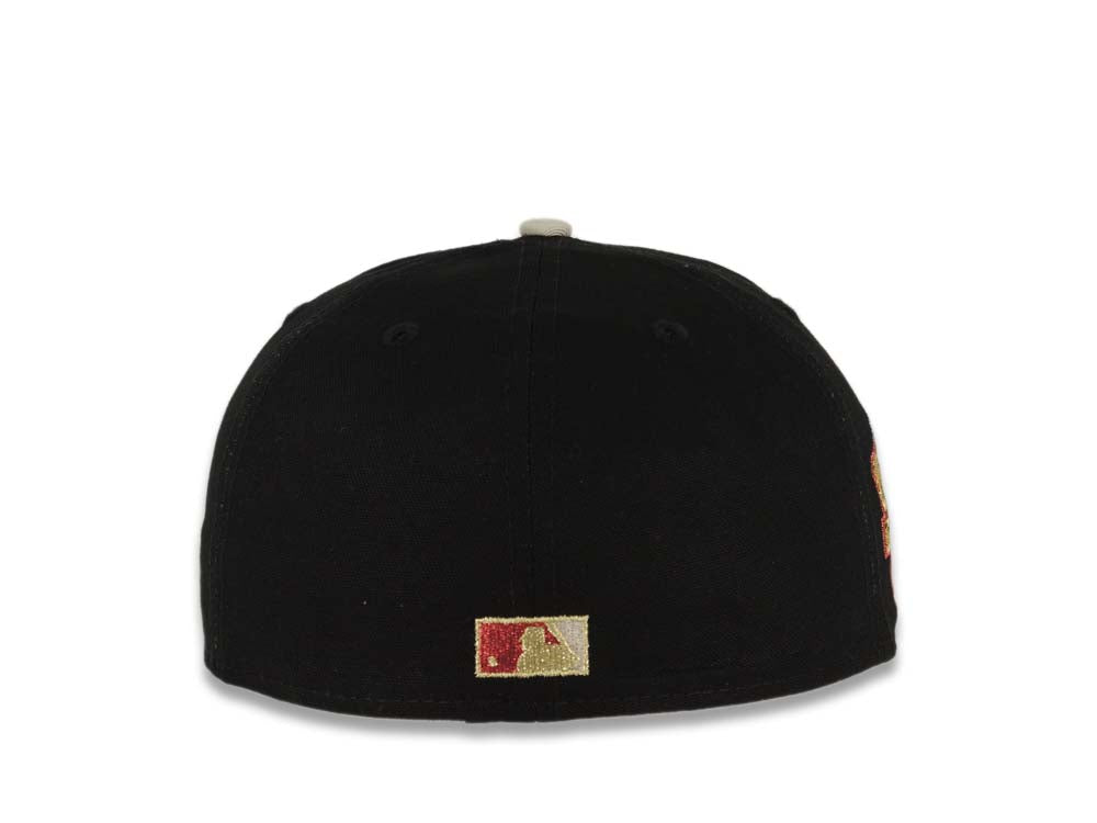 (Exclusive) San Diego Padres New Era MLB 59FIFTY 5950 Fitted Cap Hat Cotton Black Crown Tan Visor Metallic Red Catching Friar Logo Stadium Side Patch