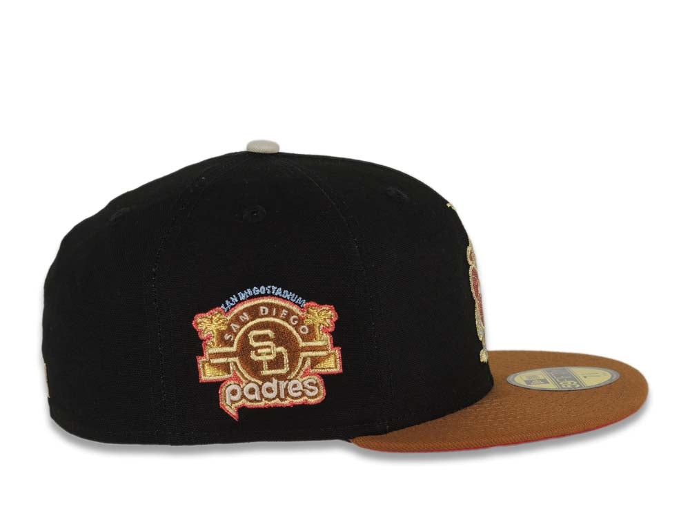 (Exclusive) San Diego Padres New Era MLB 59FIFTY 5950 Fitted Cap Hat Cotton Black Crown Tan Visor Metallic Red Catching Friar Logo Stadium Side Patch