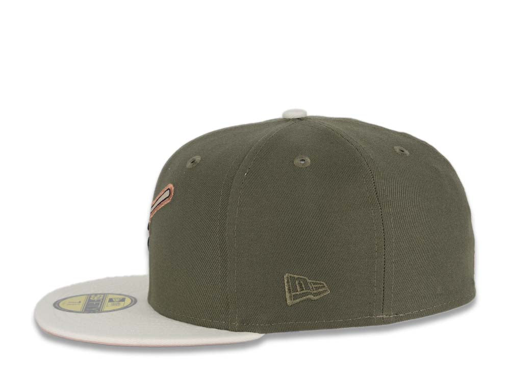 (Exclusive) San Diego Padres New Era MLB 59FIFTY 5950 Fitted Cap Hat Olive Crown Cream Visor Metallic Brown Swinging Friar Logo Go Padres Side Patch
