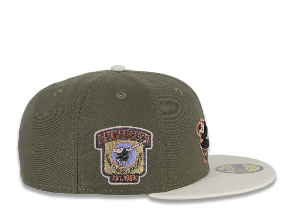 (Exclusive) San Diego Padres New Era MLB 59FIFTY 5950 Fitted Cap Hat Olive Crown Cream Visor Metallic Brown Swinging Friar Logo Go Padres Side Patch