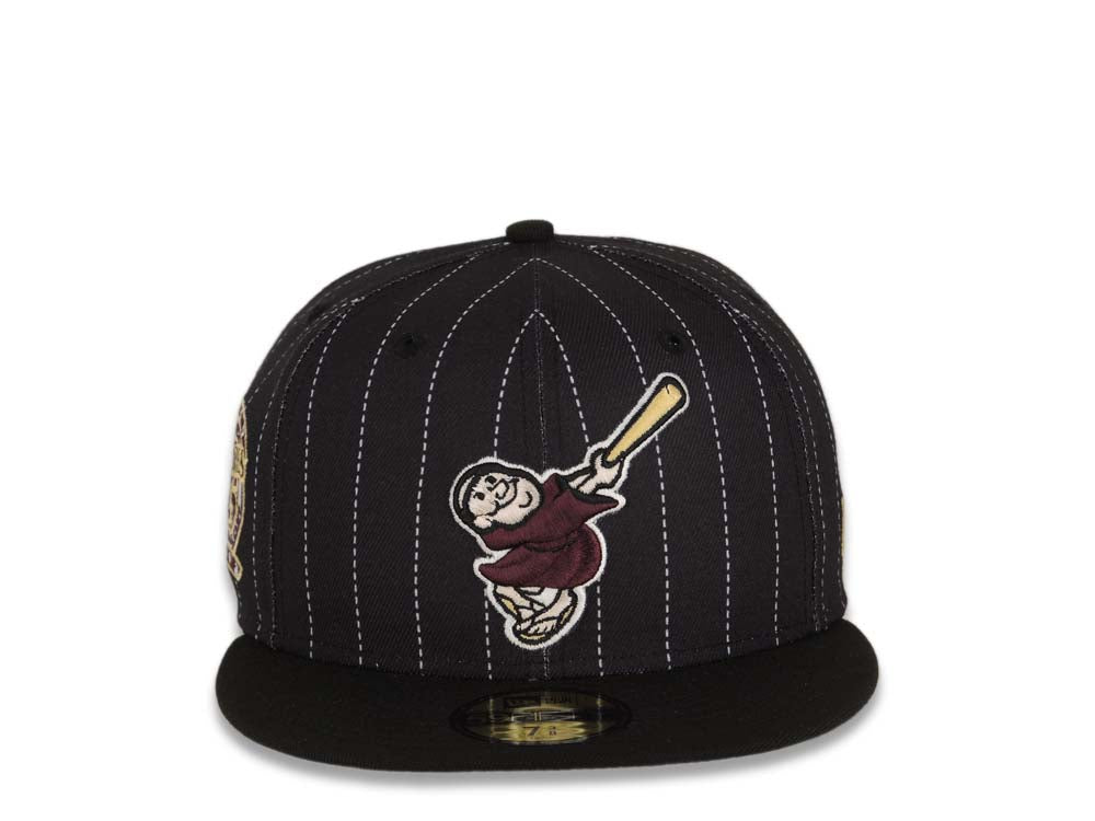 San Diego Padres New Era MLB 59FIFTY 5950 Fitted Cap Hat Black White Pinstripes Crown Maroon Swinging Friar Logo 25th Anniversary Side Patch
