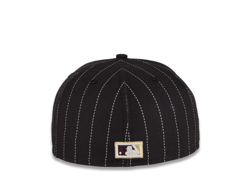 San Diego Padres New Era MLB 59FIFTY 5950 Fitted Cap Hat Black White Pinstripes Crown Maroon Swinging Friar Logo 25th Anniversary Side Patch