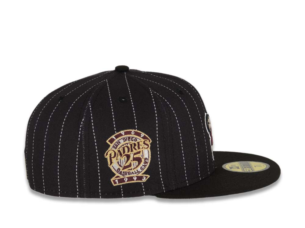 San Diego Padres New Era MLB 59FIFTY 5950 Fitted Cap Hat Black White Pinstripes Crown Maroon Swinging Friar Logo 25th Anniversary Side Patch