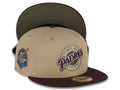 San Diego Padres New Era MLB 59FIFTY 5950 Fitted Cap Hat Khaki Crown Maroon Visor Maroon/Olive Baseball Club Logo 40th Anniversary Side Patch Olive UV