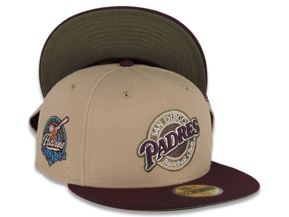 San Diego Padres New Era MLB 59FIFTY 5950 Fitted Cap Hat Khaki Crown Maroon Visor Maroon/Olive Baseball Club Logo 40th Anniversary Side Patch Olive UV