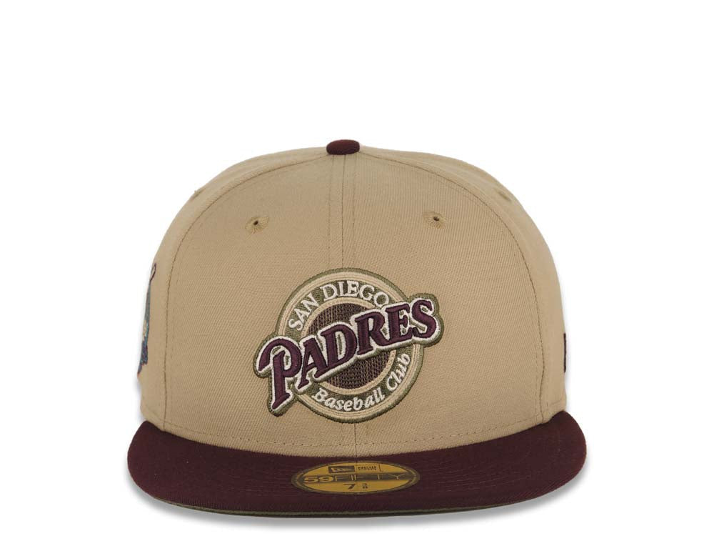 San Diego Padres New Era MLB 59FIFTY 5950 Fitted Cap Hat Khaki Crown Maroon Visor Maroon/Olive Baseball Club Logo 40th Anniversary Side Patch Olive UV