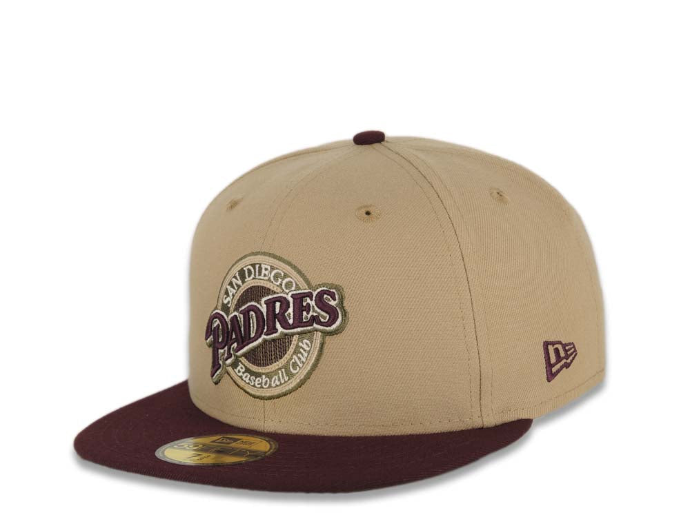 San Diego Padres New Era MLB 59FIFTY 5950 Fitted Cap Hat Khaki Crown Maroon Visor Maroon/Olive Baseball Club Logo 40th Anniversary Side Patch Olive UV