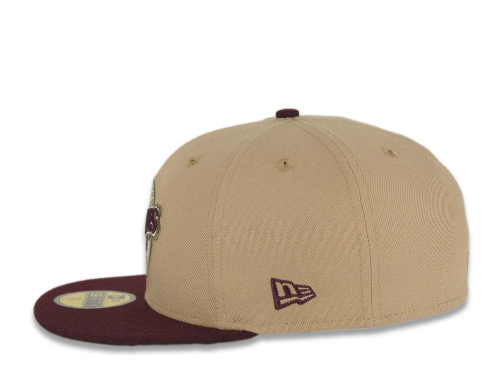 San Diego Padres New Era MLB 59FIFTY 5950 Fitted Cap Hat Khaki Crown Maroon Visor Maroon/Olive Baseball Club Logo 40th Anniversary Side Patch Olive UV