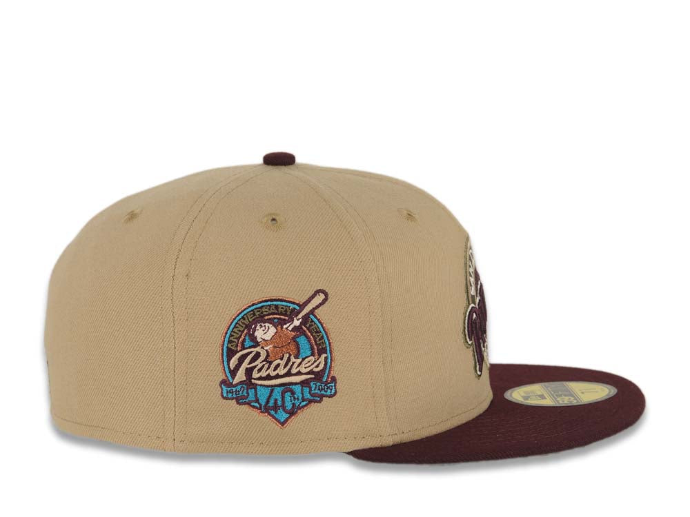 San Diego Padres New Era MLB 59FIFTY 5950 Fitted Cap Hat Khaki Crown Maroon Visor Maroon/Olive Baseball Club Logo 40th Anniversary Side Patch Olive UV
