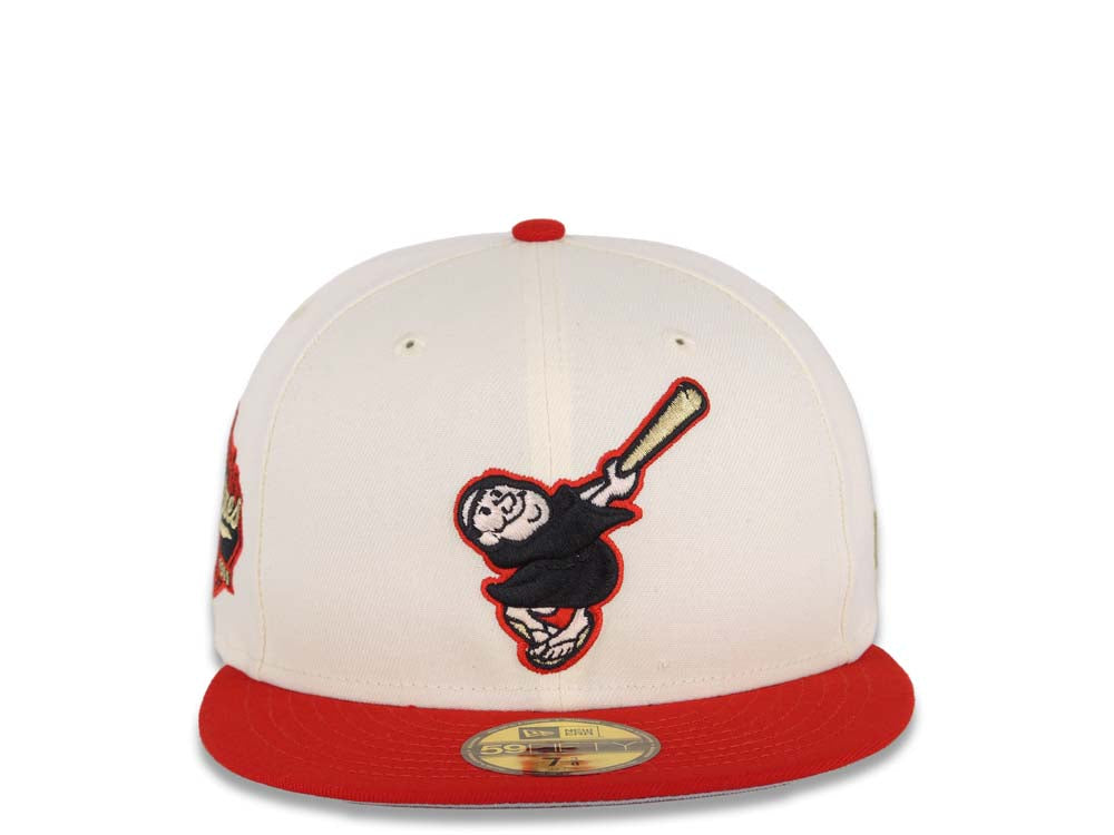 San Diego Padres New Era MLB 59FIFTY 5950 Fitted Cap Hat Cream Crown Red Visor Black/Metallic Gold Swinging Friar Logo Established 1969 Side Patch