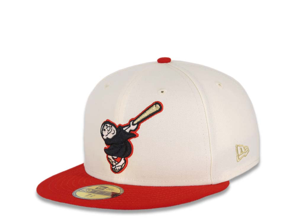 San Diego Padres New Era MLB 59FIFTY 5950 Fitted Cap Hat Cream Crown Red Visor Black/Metallic Gold Swinging Friar Logo Established 1969 Side Patch