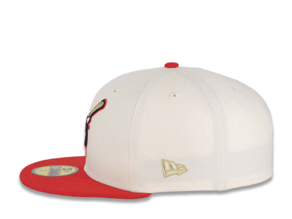 San Diego Padres New Era MLB 59FIFTY 5950 Fitted Cap Hat Cream Crown Red Visor Black/Metallic Gold Swinging Friar Logo Established 1969 Side Patch