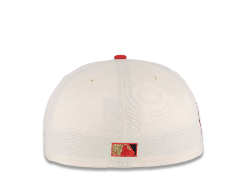 San Diego Padres New Era MLB 59FIFTY 5950 Fitted Cap Hat Cream Crown Red Visor Black/Metallic Gold Swinging Friar Logo Established 1969 Side Patch
