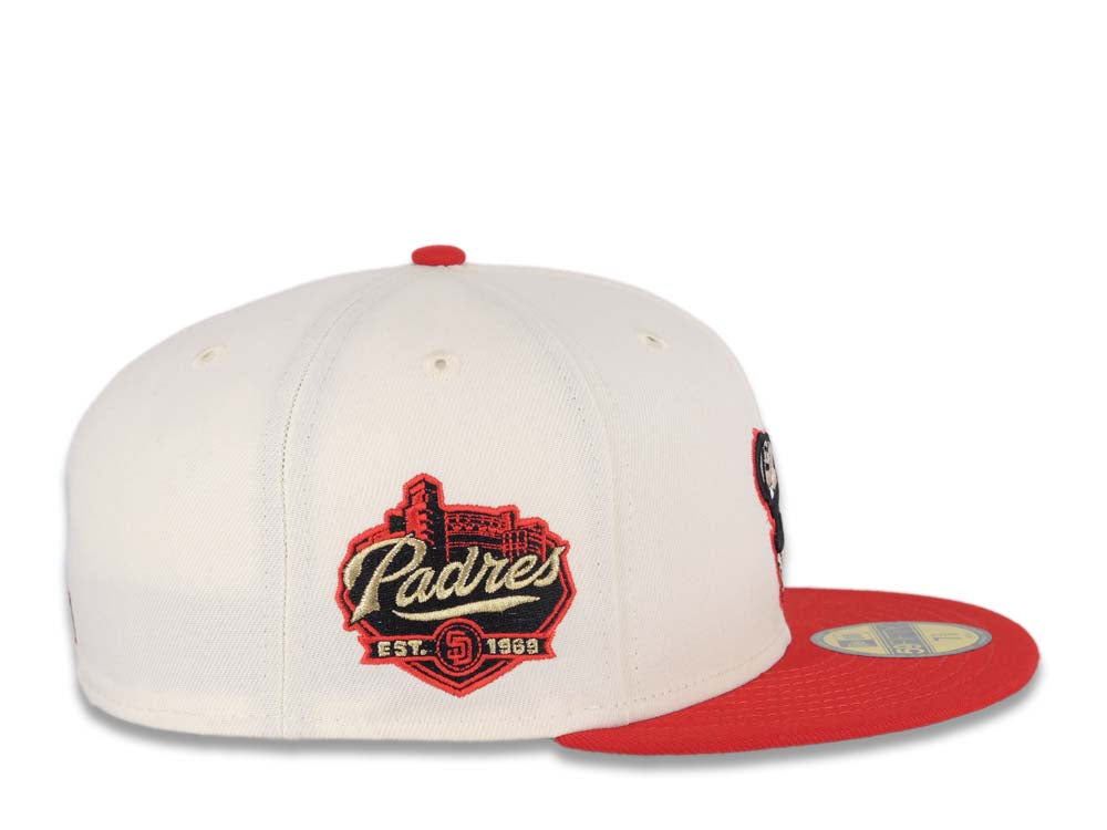 San Diego Padres New Era MLB 59FIFTY 5950 Fitted Cap Hat Cream Crown Red Visor Black/Metallic Gold Swinging Friar Logo Established 1969 Side Patch