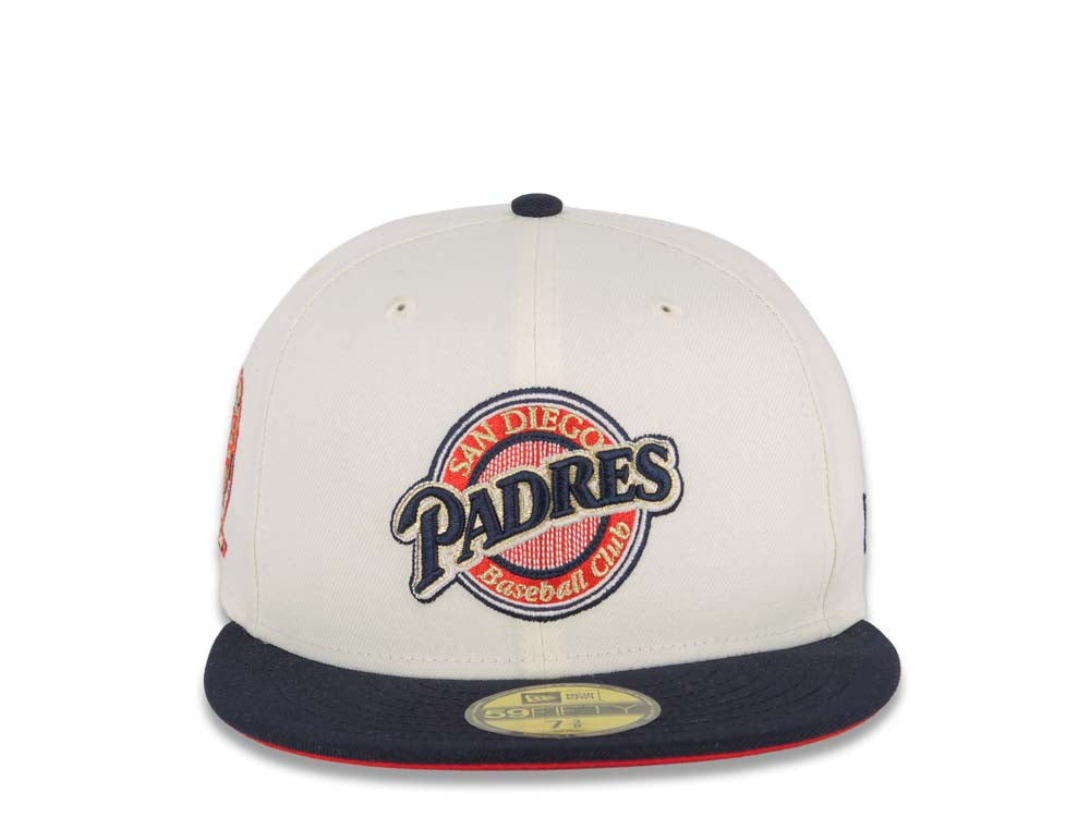 San Diego Padres New Era MLB 59FIFTY 5950 Fitted Cap Hat Cream Crown Navy Blue Visor Navy/Metallic Gold Baseball Club Logo 25th Anniversary Side Patch