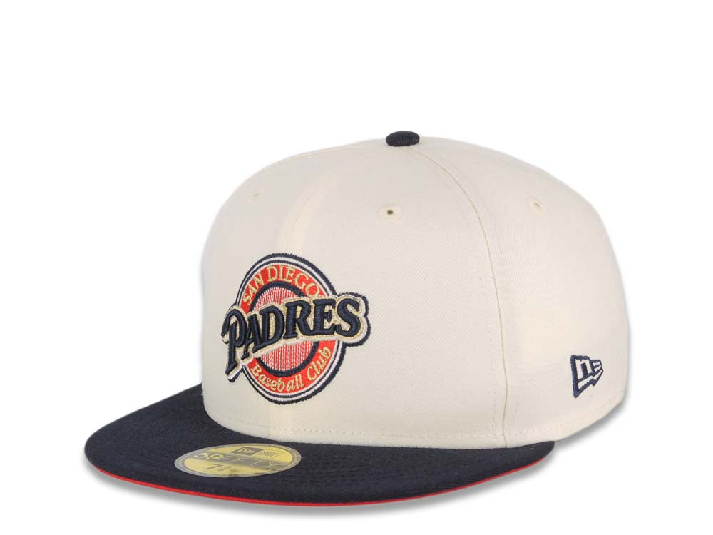 San Diego Padres New Era MLB 59FIFTY 5950 Fitted Cap Hat Cream Crown Navy Blue Visor Navy/Metallic Gold Baseball Club Logo 25th Anniversary Side Patch