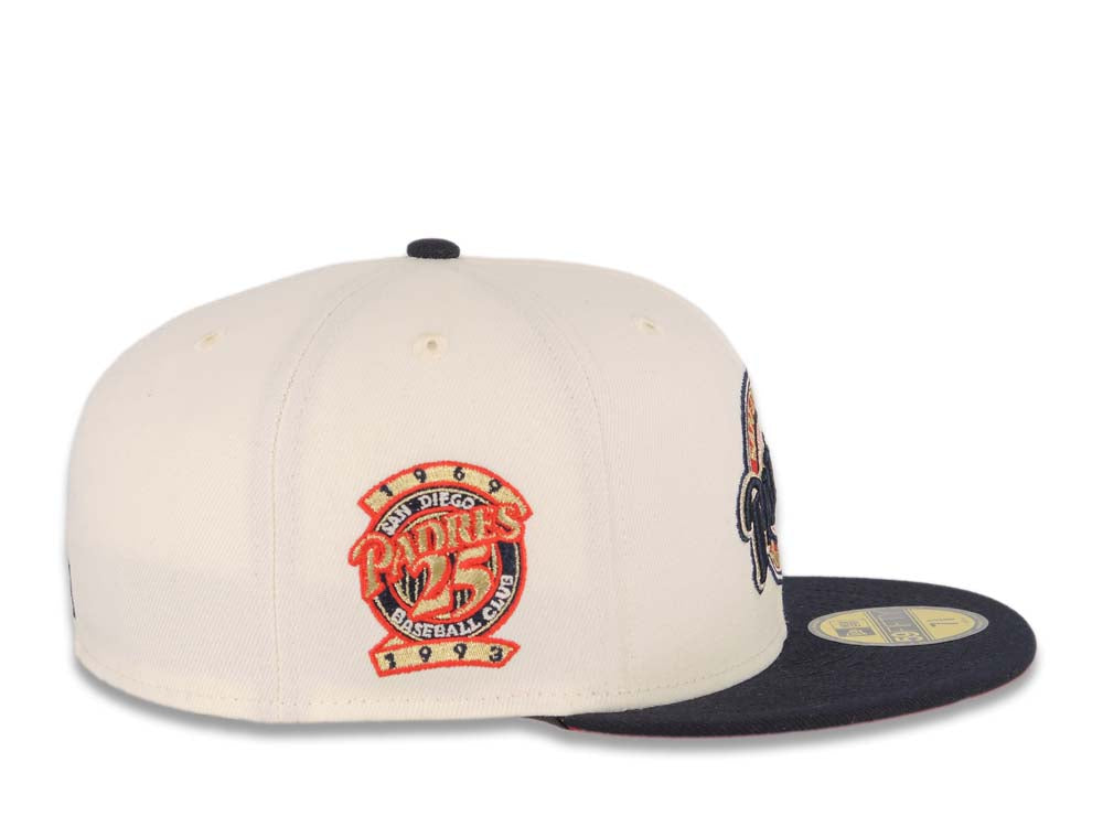 San Diego Padres New Era MLB 59FIFTY 5950 Fitted Cap Hat Cream Crown Navy Blue Visor Navy/Metallic Gold Baseball Club Logo 25th Anniversary Side Patch