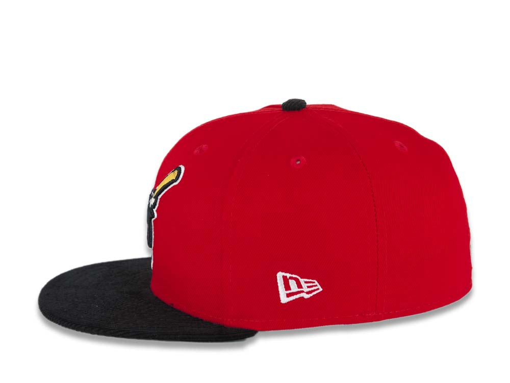 (Corduroy Visor) San Diego Padres New Era MLB 59FIFTY 5950 Fitted Cap Hat Red Crown Black Visor Black Swinging Friar Logo Established 1969 Side Patch