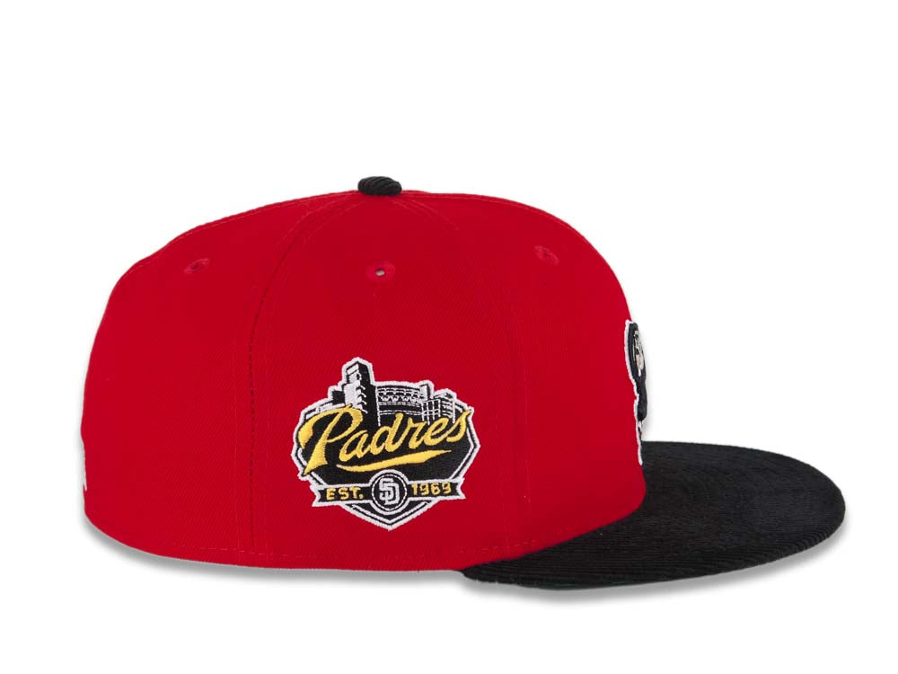 (Corduroy Visor) San Diego Padres New Era MLB 59FIFTY 5950 Fitted Cap Hat Red Crown Black Visor Black Swinging Friar Logo Established 1969 Side Patch