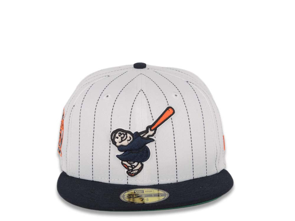 San Diego Padres New Era MLB 59FIFTY 5950 Fitted Cap Hat White Pinstripe Crown Navy Visor Navy Orange Swinging Friar Logo 25th Anniversary Side Patch