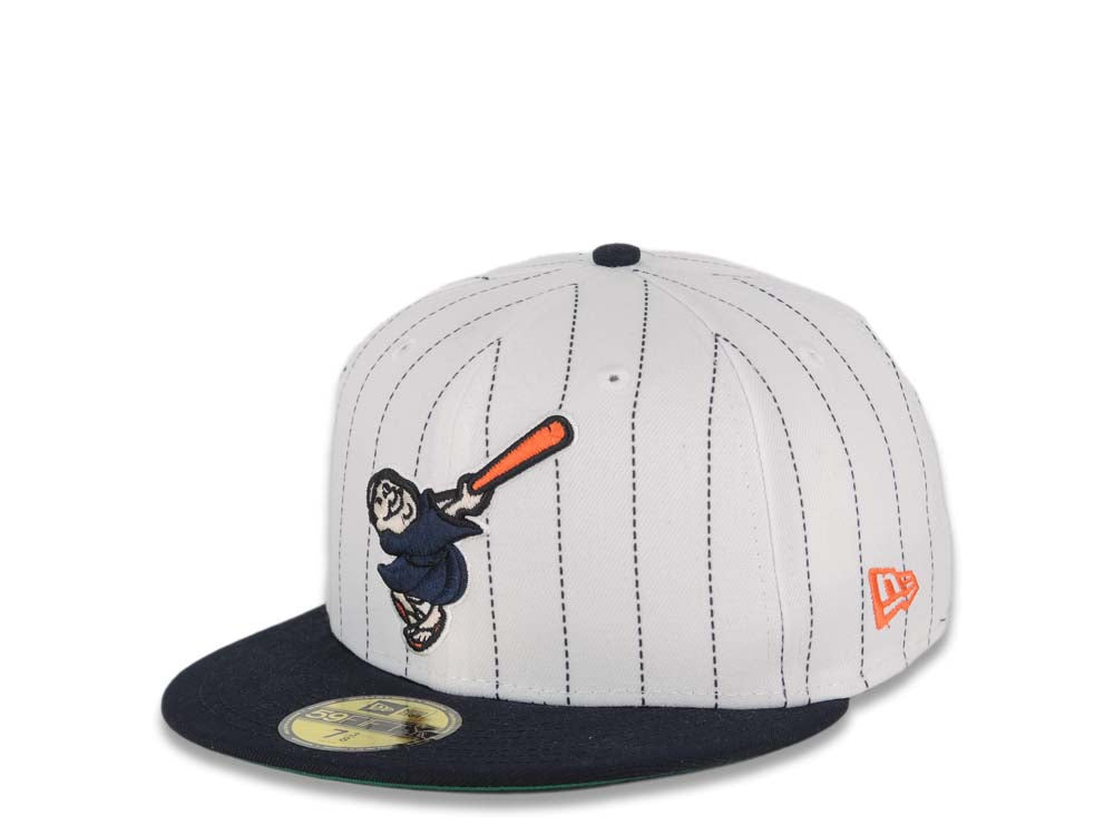 San Diego Padres New Era MLB 59FIFTY 5950 Fitted Cap Hat White Pinstripe Crown Navy Visor Navy Orange Swinging Friar Logo 25th Anniversary Side Patch