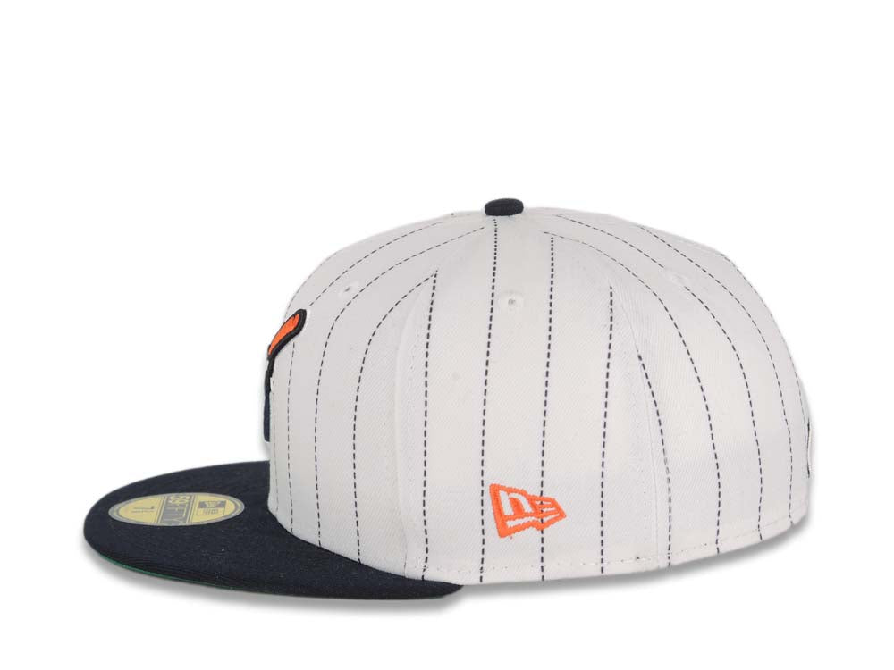 San Diego Padres New Era MLB 59FIFTY 5950 Fitted Cap Hat White Pinstripe Crown Navy Visor Navy Orange Swinging Friar Logo 25th Anniversary Side Patch