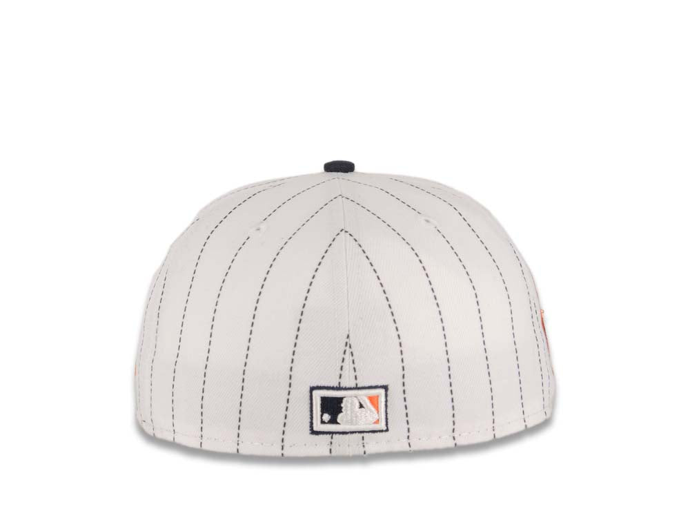San Diego Padres New Era MLB 59FIFTY 5950 Fitted Cap Hat White Pinstripe Crown Navy Visor Navy Orange Swinging Friar Logo 25th Anniversary Side Patch