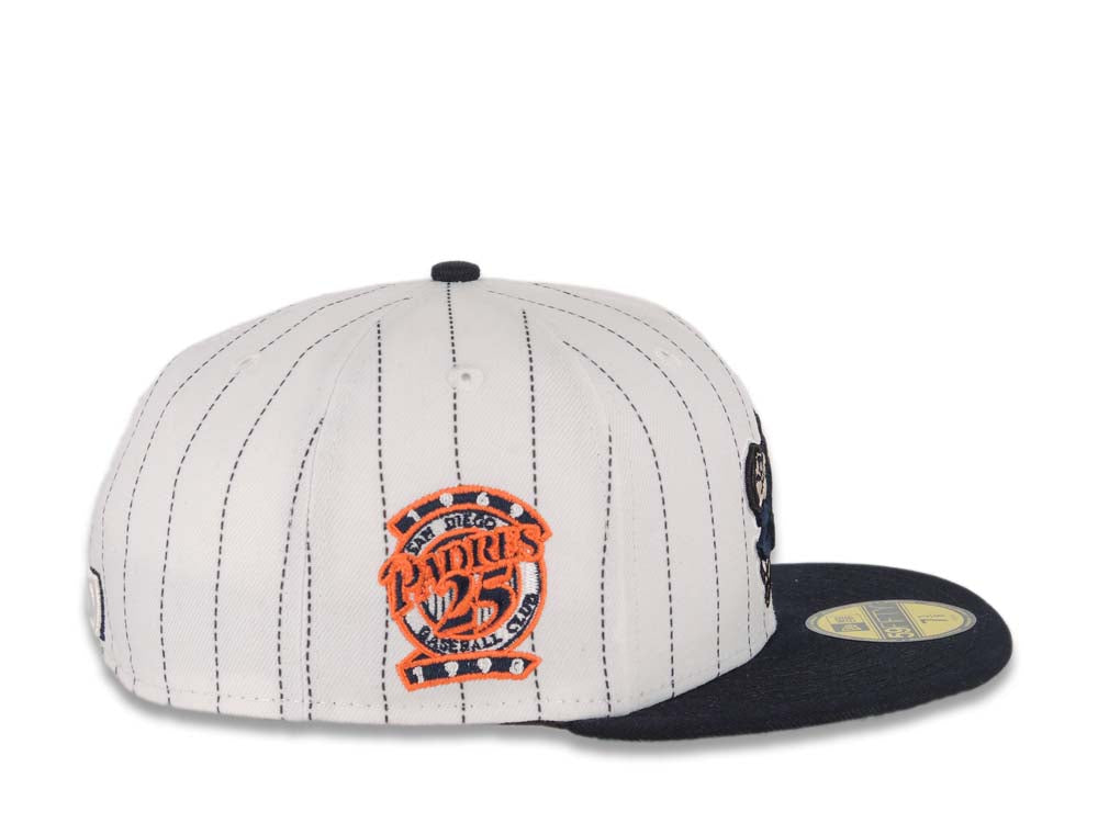 San Diego Padres New Era MLB 59FIFTY 5950 Fitted Cap Hat White Pinstripe Crown Navy Visor Navy Orange Swinging Friar Logo 25th Anniversary Side Patch