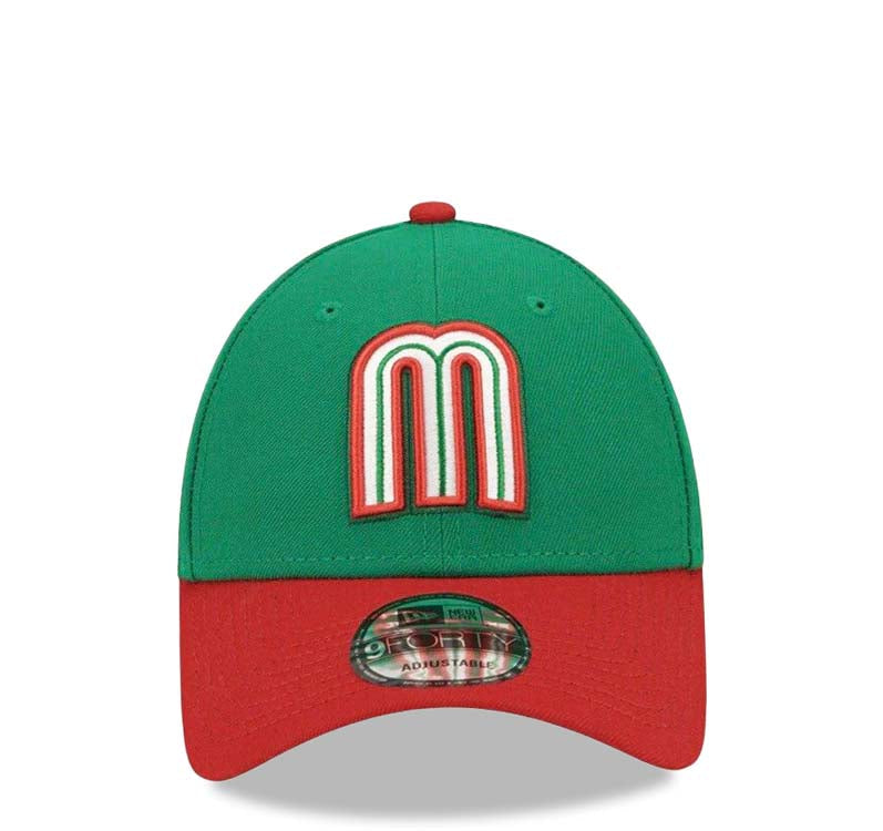 Mexico New Era WBC World Baseball Classic 9FORTY 940 Adjustable Cap Hat Green Crown Red Visor White/Green/Red M Logo Mexico Flag Gray UV