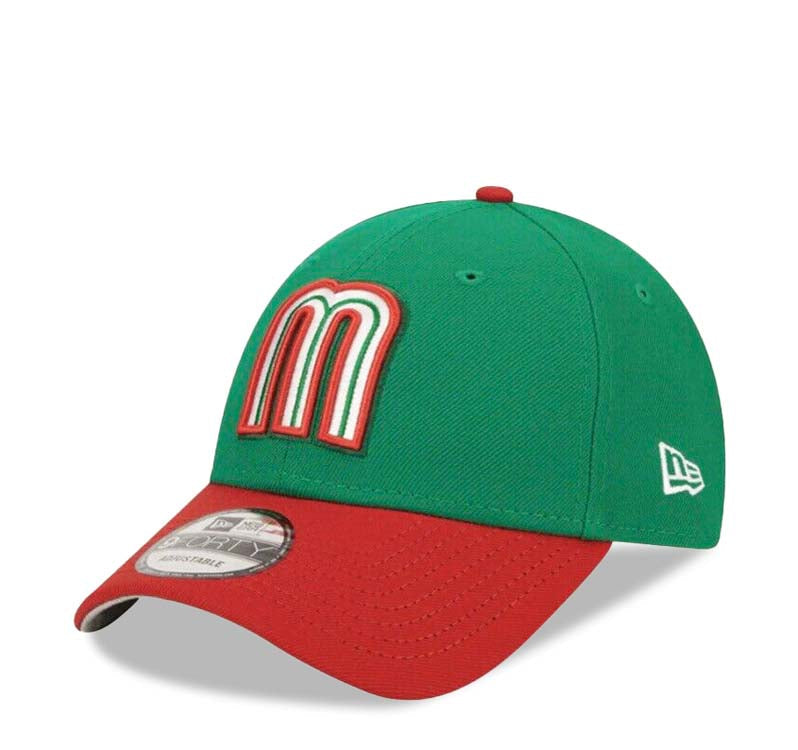 Mexico New Era WBC World Baseball Classic 9FORTY 940 Adjustable Cap Hat Green Crown Red Visor White/Green/Red M Logo Mexico Flag Gray UV