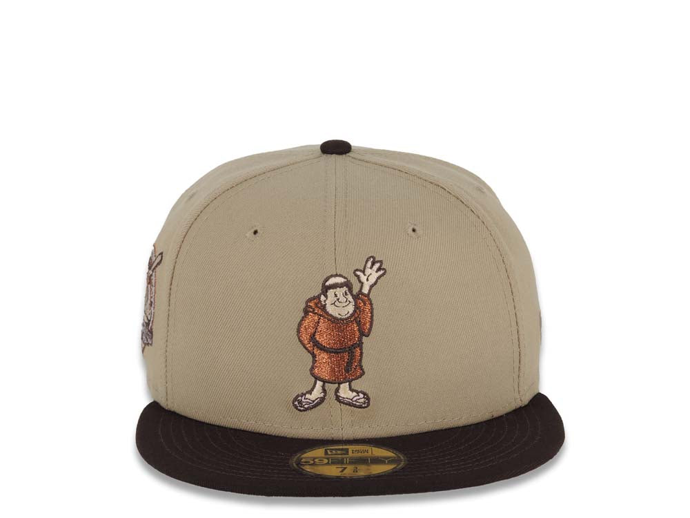 San Diego Padres New Era MLB 59FIFTY 5950 Fitted Cap Hat Khaki Crown Dark Brown Visor Metallic Brown/Pink Waving Friar Logo 40th Anniversary Side Patch
