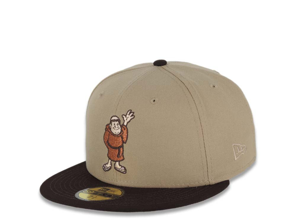 San Diego Padres New Era MLB 59FIFTY 5950 Fitted Cap Hat Khaki Crown Dark Brown Visor Metallic Brown/Pink Waving Friar Logo 40th Anniversary Side Patch