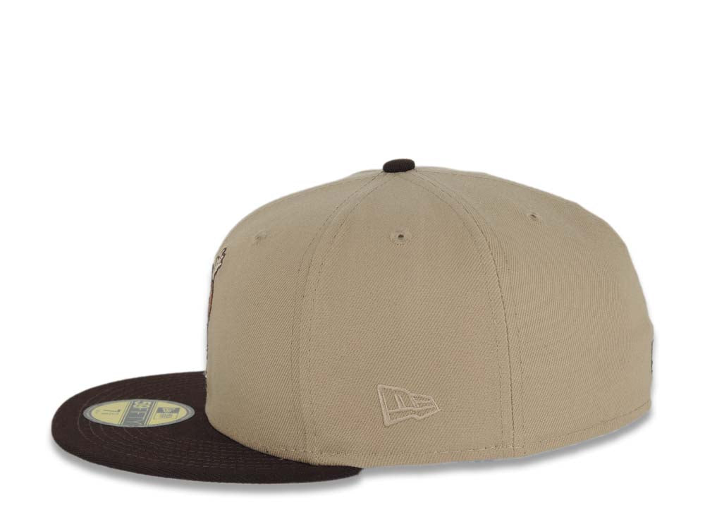 San Diego Padres New Era MLB 59FIFTY 5950 Fitted Cap Hat Khaki Crown Dark Brown Visor Metallic Brown/Pink Waving Friar Logo 40th Anniversary Side Patch