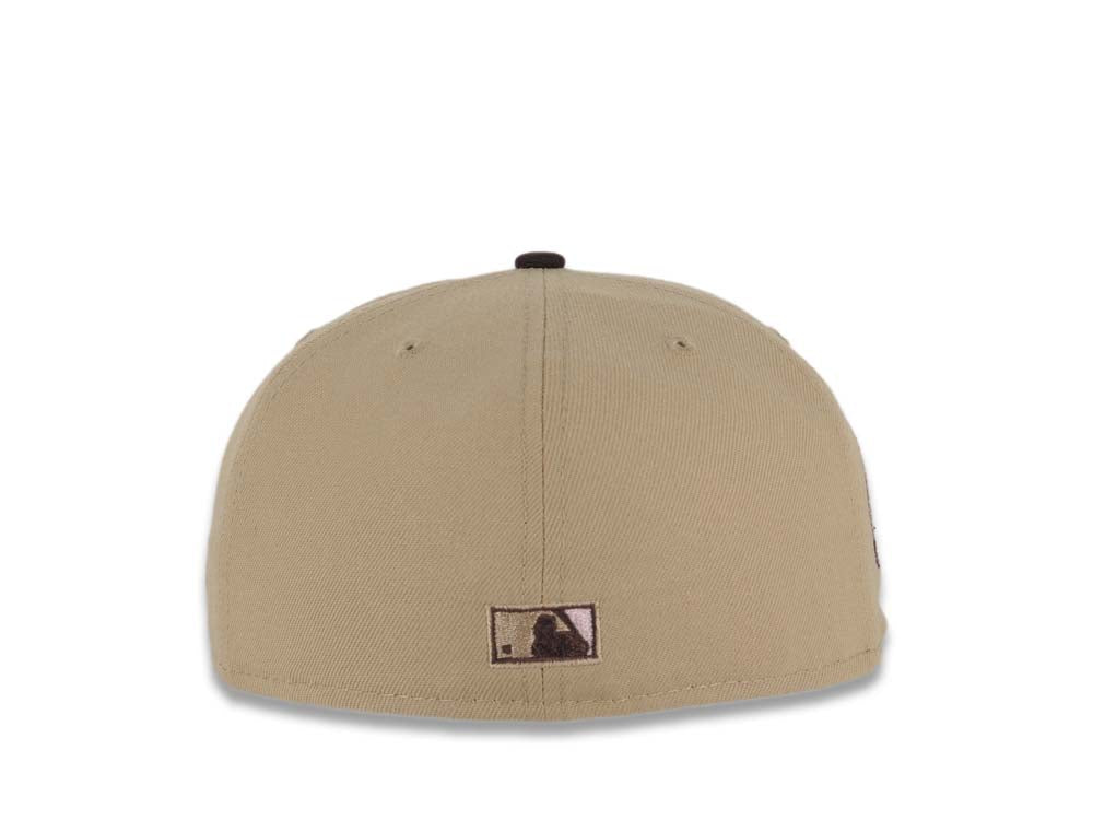 San Diego Padres New Era MLB 59FIFTY 5950 Fitted Cap Hat Khaki Crown Dark Brown Visor Metallic Brown/Pink Waving Friar Logo 40th Anniversary Side Patch