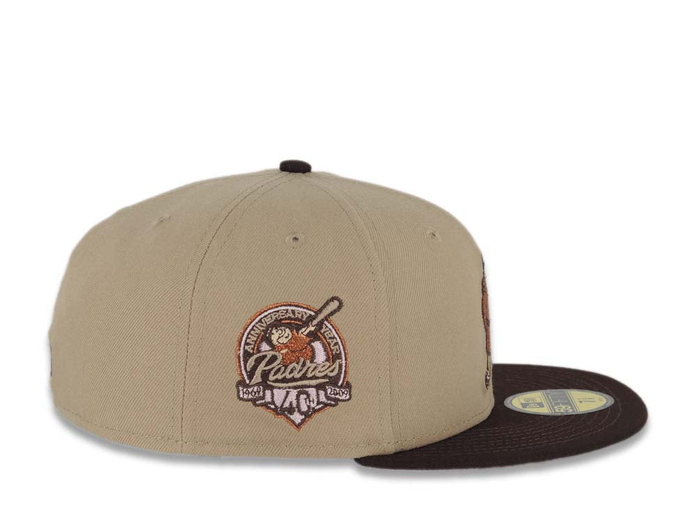 San Diego Padres New Era MLB 59FIFTY 5950 Fitted Cap Hat Khaki Crown Dark Brown Visor Metallic Brown/Pink Waving Friar Logo 40th Anniversary Side Patch