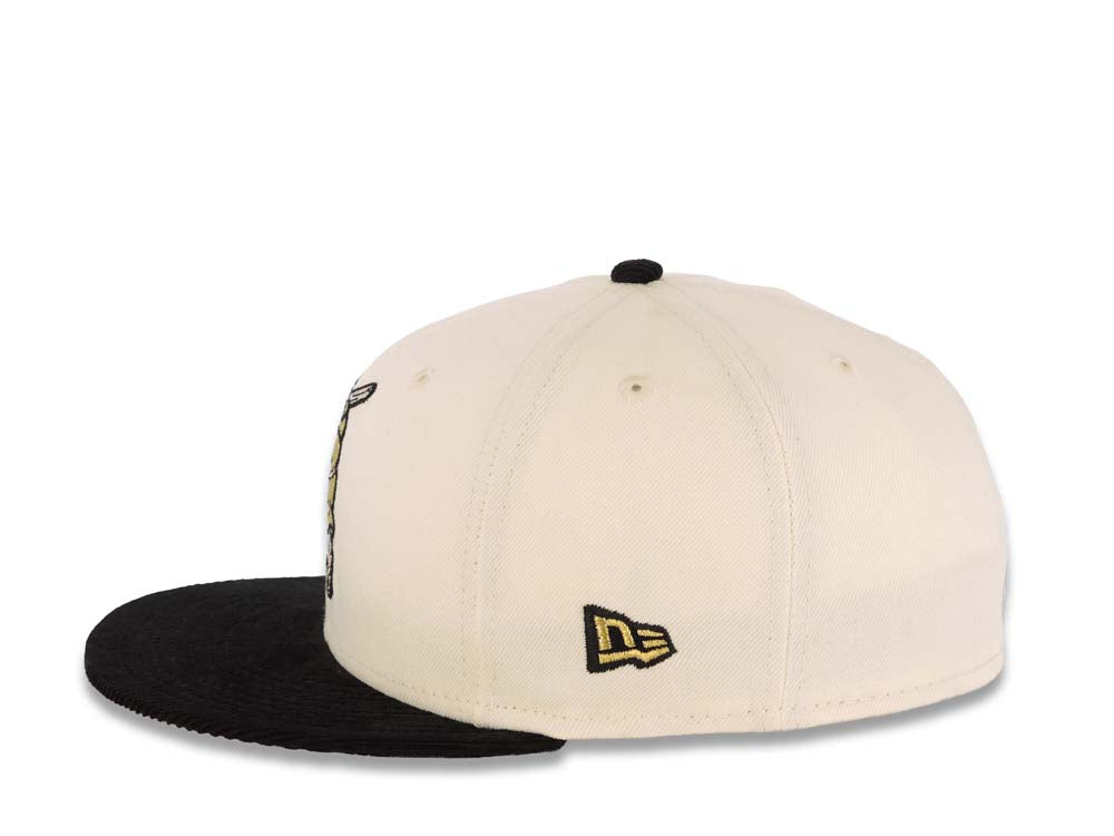 San Diego Padres New Era MLB 59FIFTY 5950 Fitted Cap Hat Cream Crown Black Corduroy Visor Metallic Gold/Silver Batting Friar Logo Established 1969