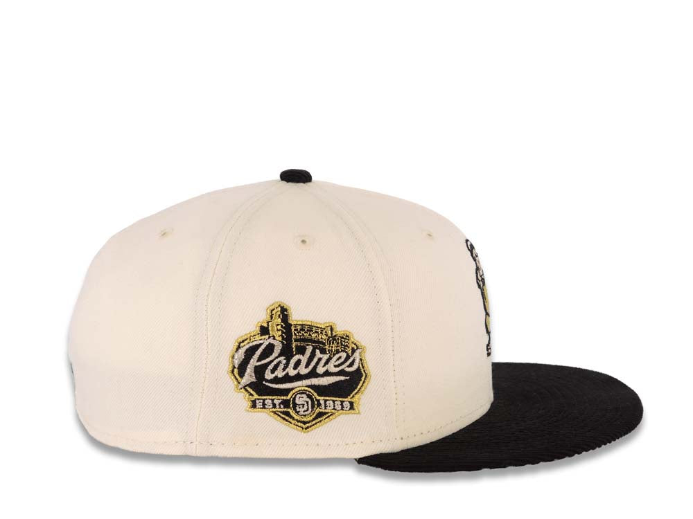 San Diego Padres New Era MLB 59FIFTY 5950 Fitted Cap Hat Cream Crown Black Corduroy Visor Metallic Gold/Silver Batting Friar Logo Established 1969