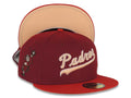 San Diego Padres New Era MLB 59FIFTY 5950 Fitted Cap Hat Cardinal Crown Red Visor Peach/White Script Logo Catching Friar Side Patch Peach UV